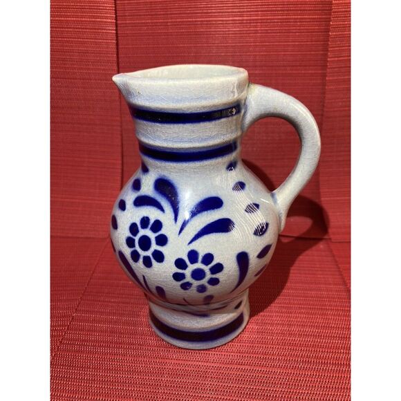 Ceramic Floral Pitcher / Small Size /Pottery Spout Handle / Folk Art /Blue Paint - Picture 3 of 12
